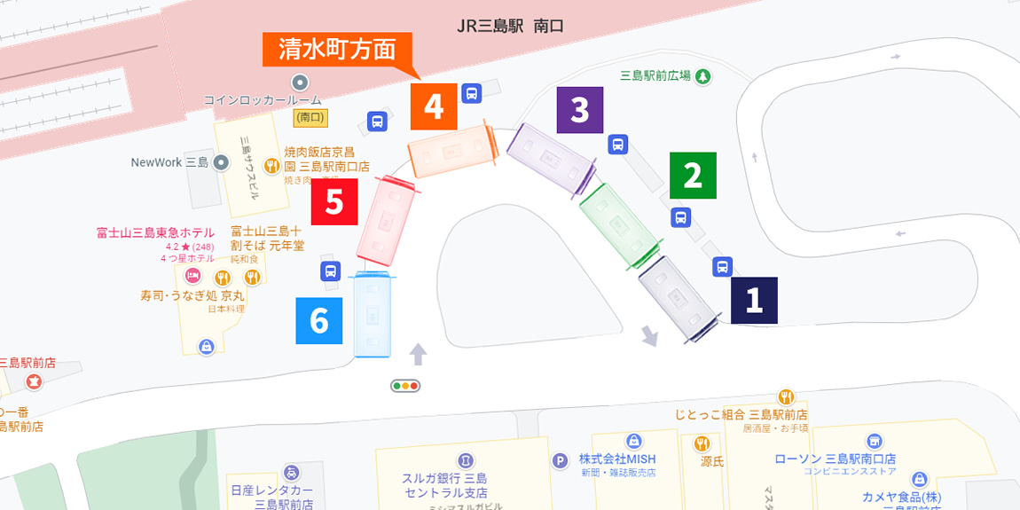 三島駅バスターミナル乗り場案内図・バス運行方面別カラー図