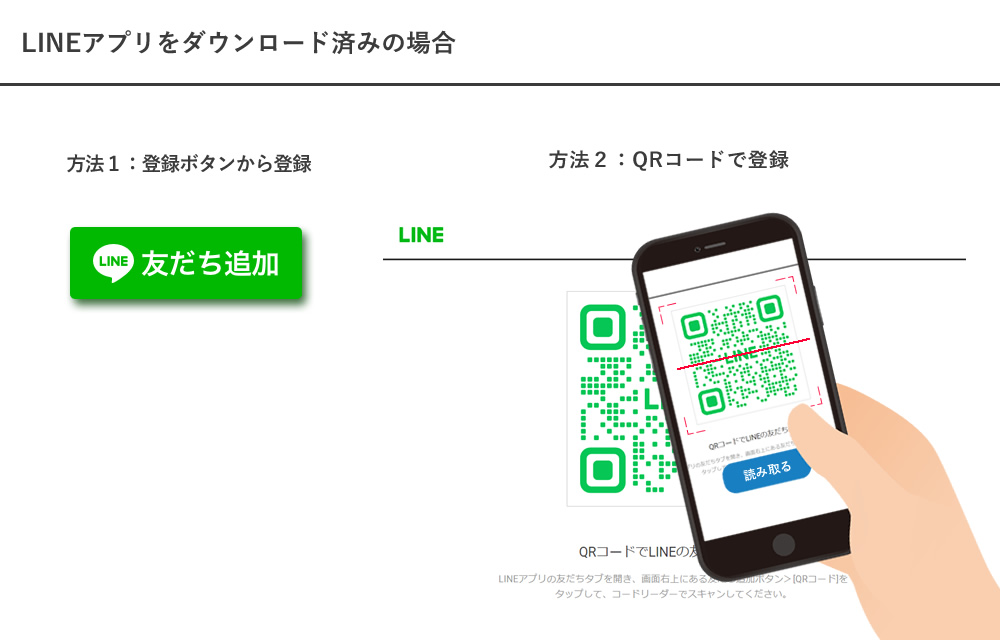 LINEアプリをダウンロード済みの場合。方法１：登録ボタンから登録する方法。方法２：QRコードで登録する方法。お使いになりやすい方法でご登録くださいませ。
